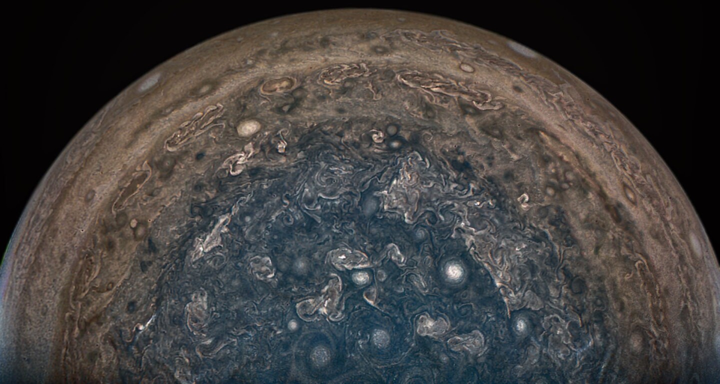 This image was captured by the "JunoCam" aboard the probe when it passed over Jupiter's south pole on February 2 from a distance of about 62,800 mi (101,000 km)