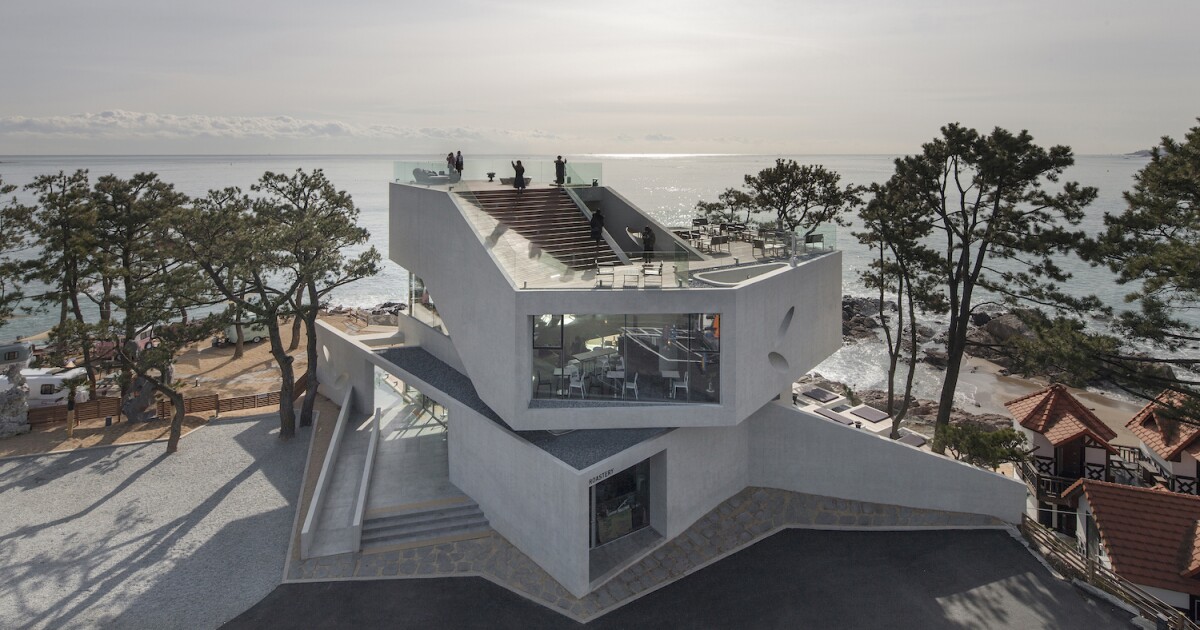 Concrete cafe's stacked form provides a brew with a view