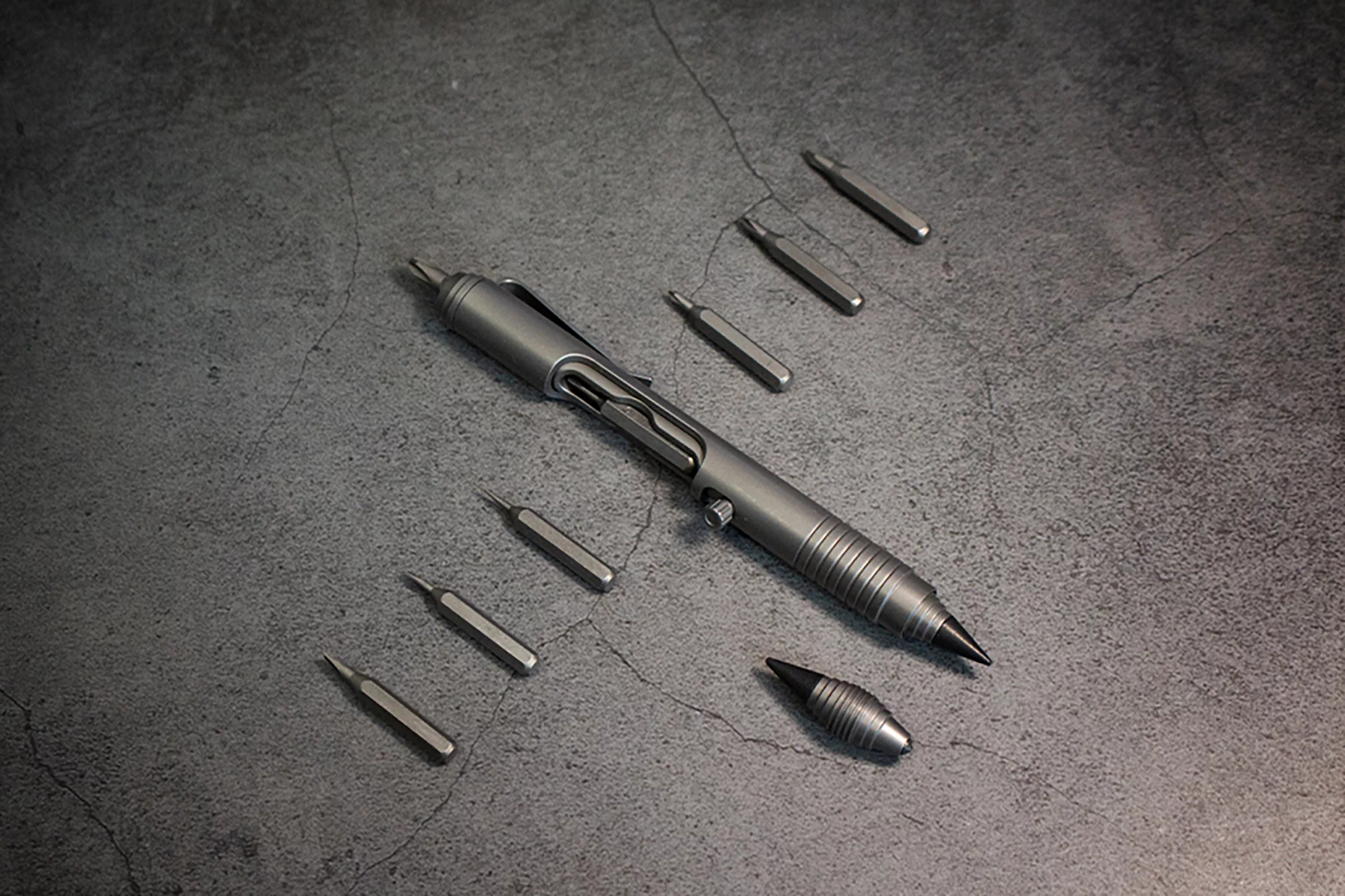 The multitool pen can be fitted with a range of steel bits and graphite tips