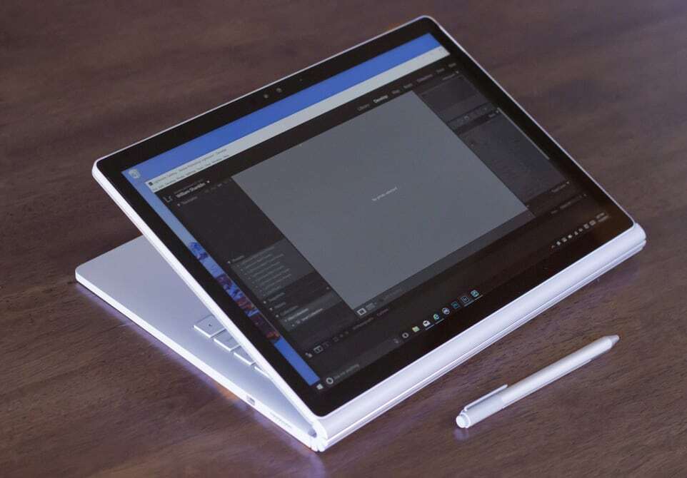 Microsoft Surface Book, shown with screen flipped around in stand mode.