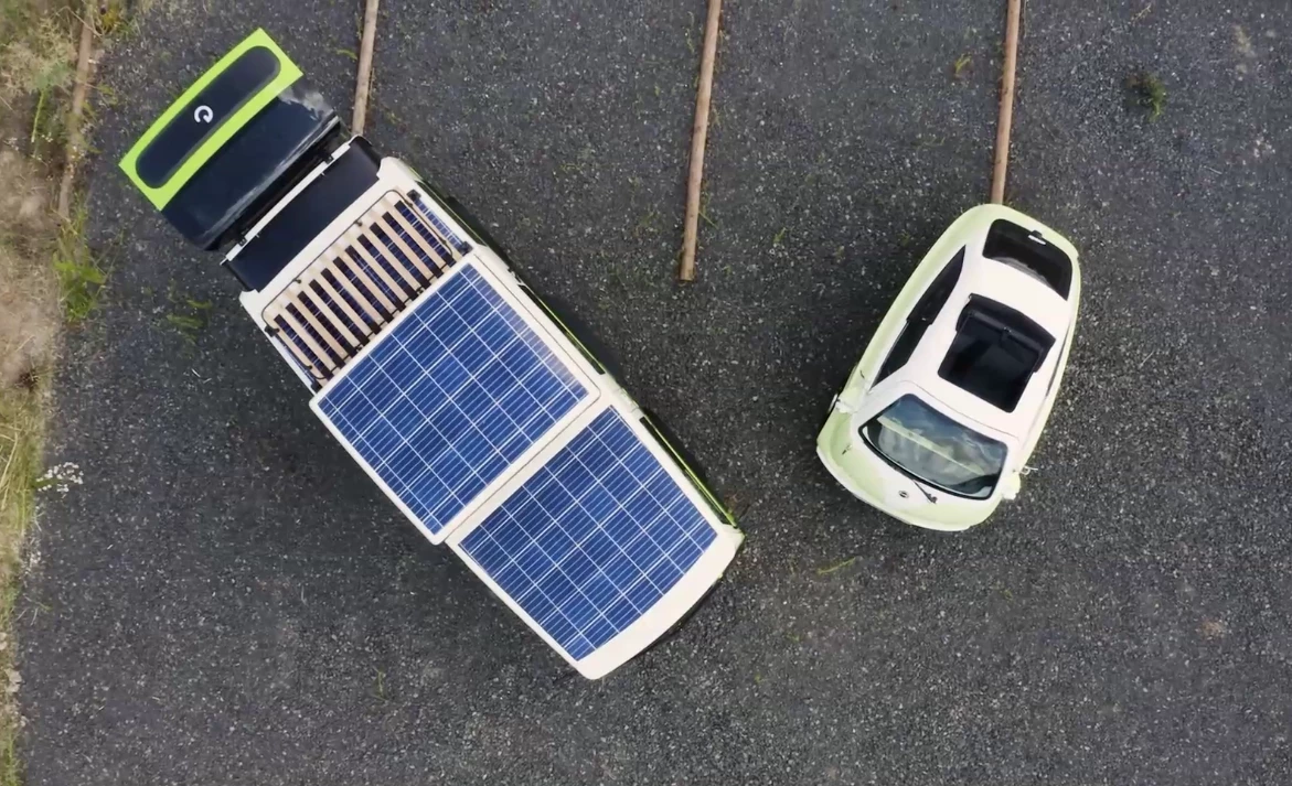 The Xbus Camper prototype breaks its solar roof up with a rear platform rack