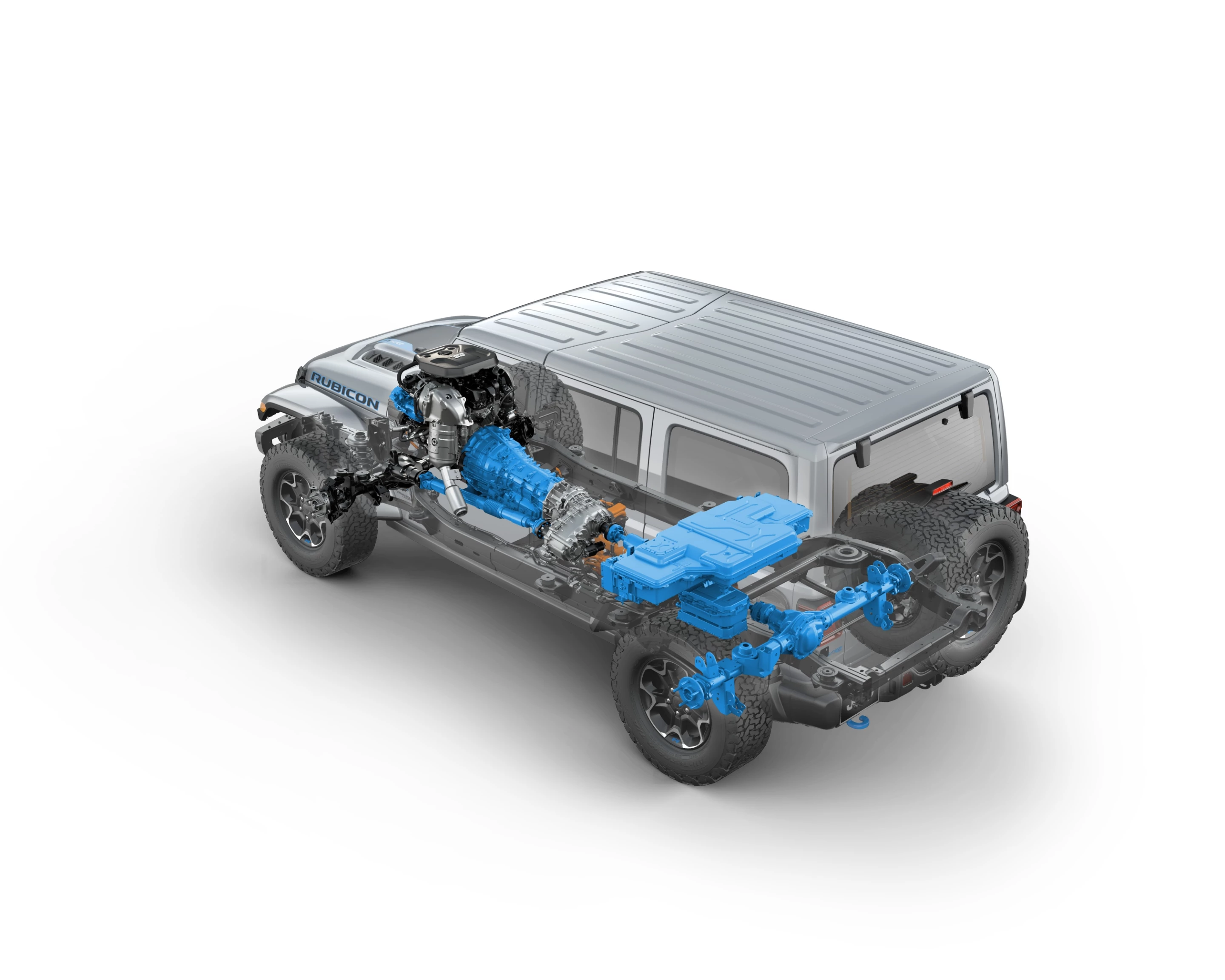 Rear three-quarters cutaway view of the 2021 Jeep Wrangler Rubicon 4xe hybrid electric, giving a better view of battery location