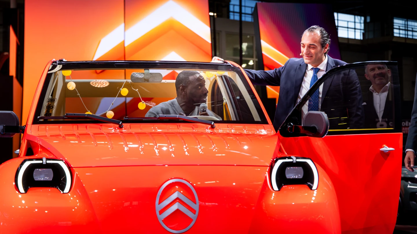The 2 CV Concept at the 2026 Paris Motor Show: fun-loving compact EV with bright but minimalist interior and fabric, roll-back sunroof