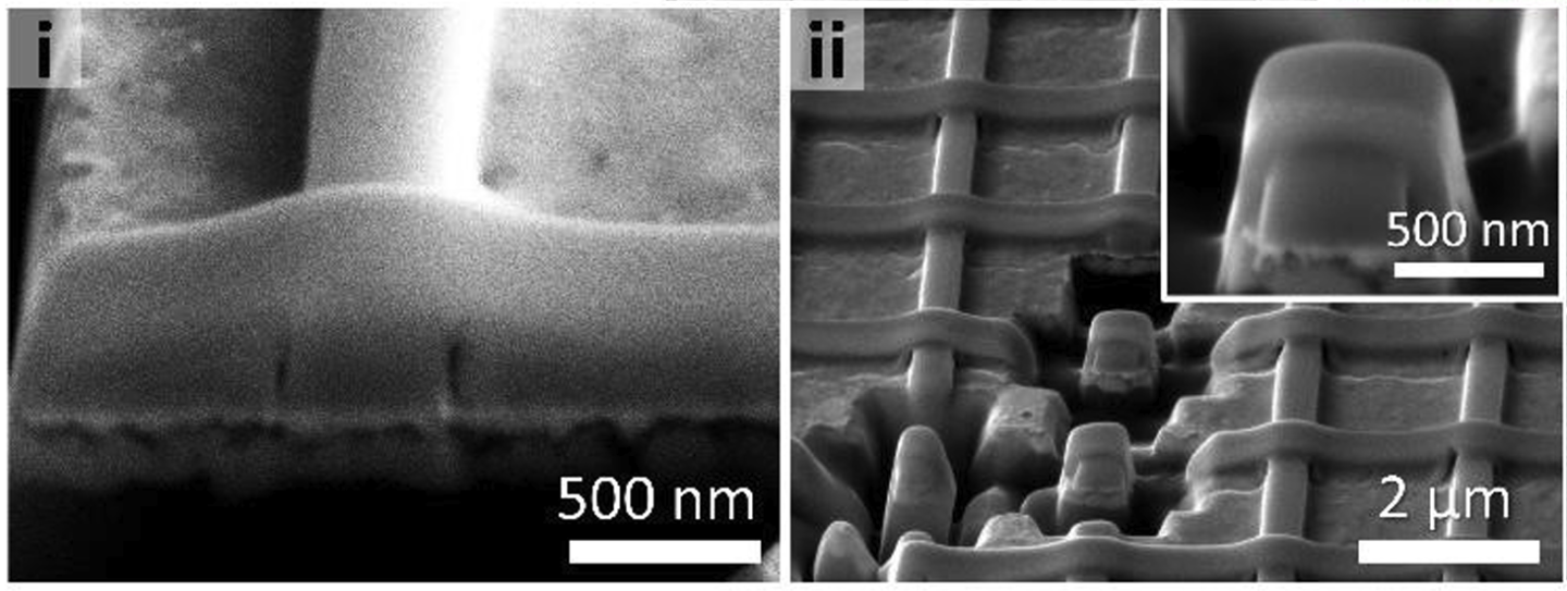 SEM images of 2-layer grid cross-sections, highlighting contact points between the layers