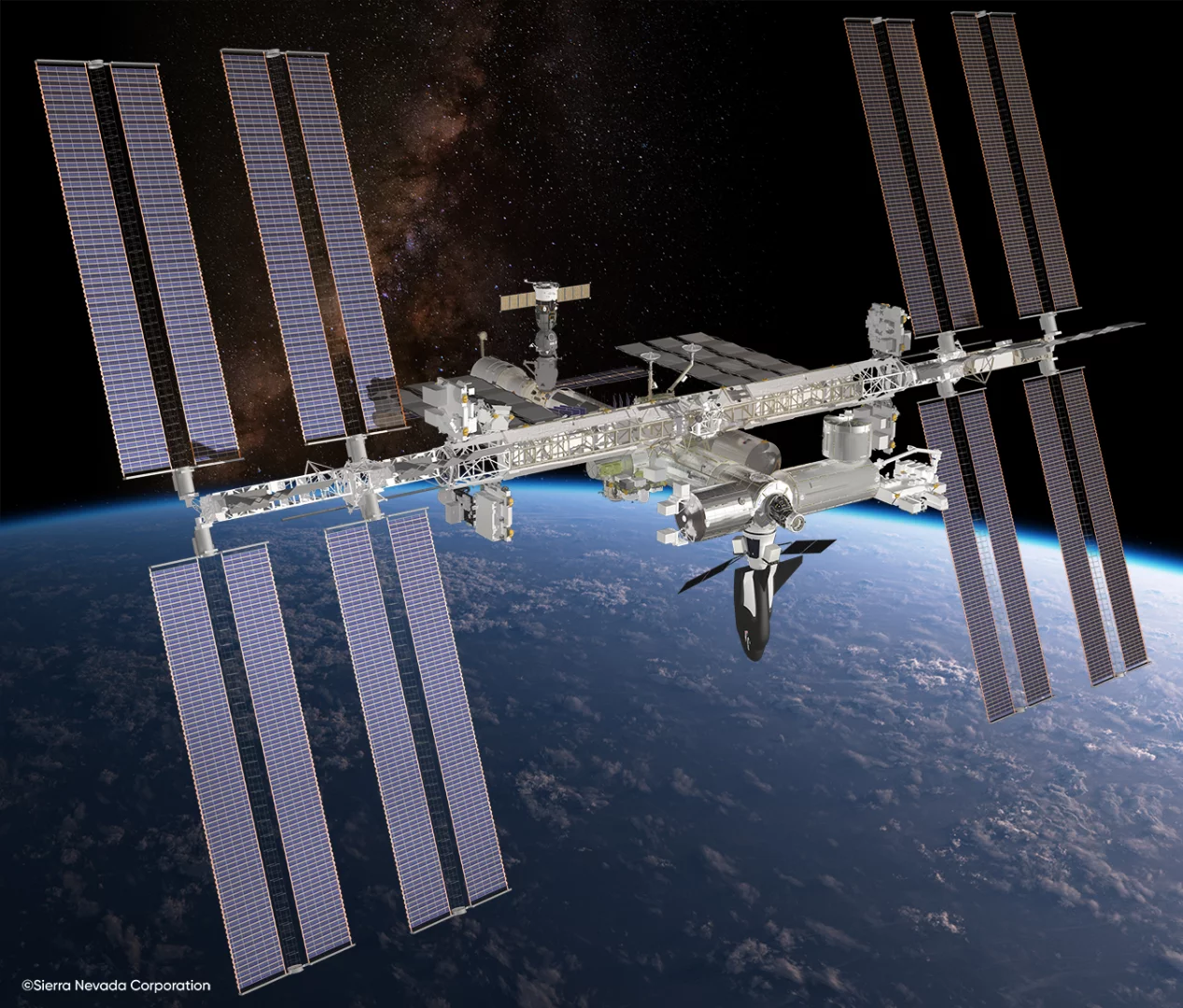 Artist's concept of the Dream Chaser cargo module docked with the ISS