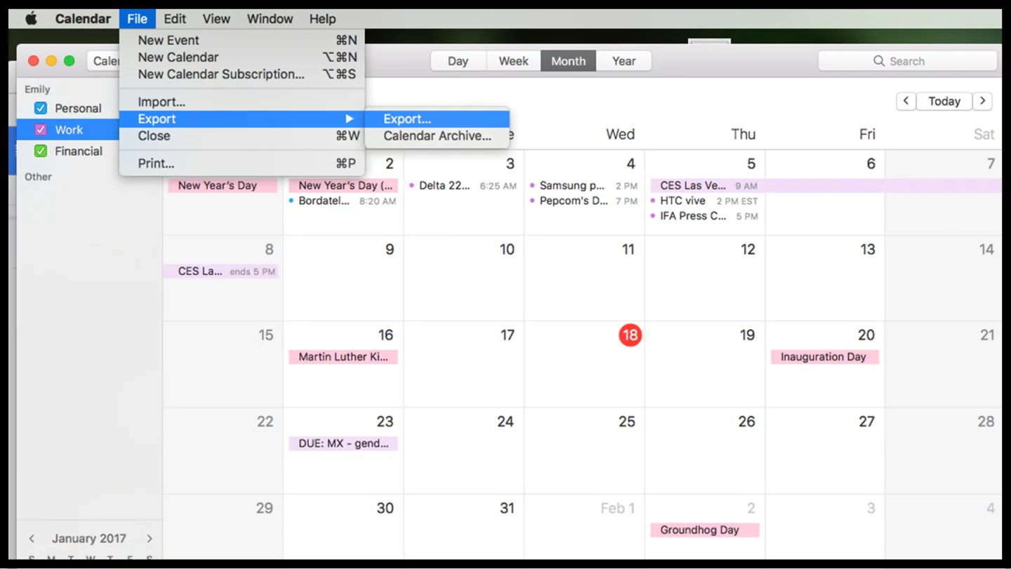 Exporting from the desktop version of Apple's Calendar app
