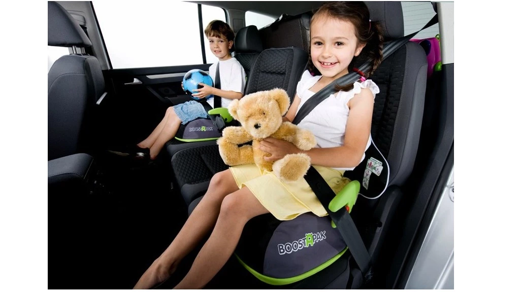 Safety first - the BoostApak quickly changes from a child's backpack with a storage compartment into a booster seat