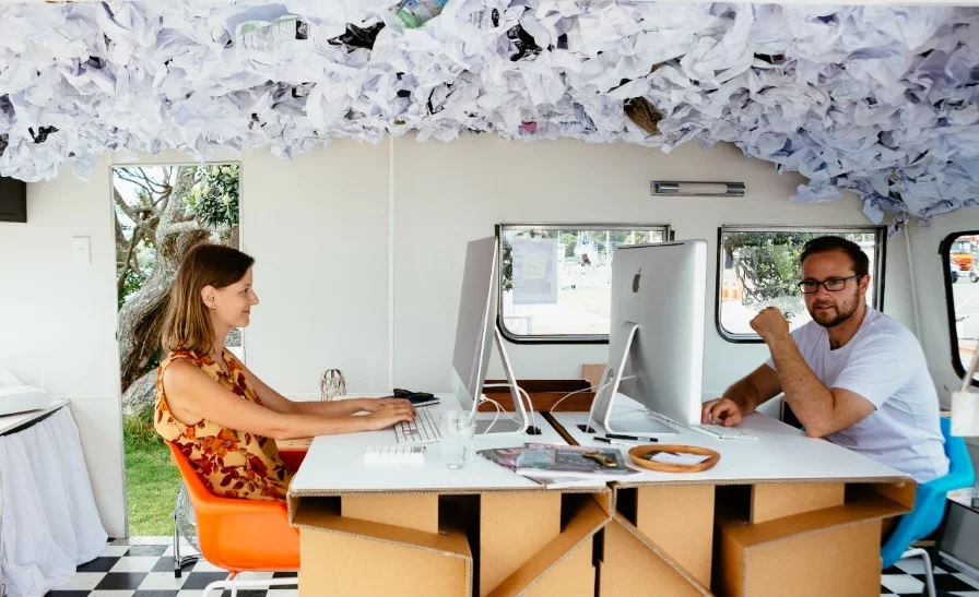 The caravan includes a unique and hand-made paper ceiling installation