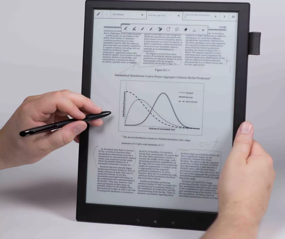 The Digital Paper tablet has an E-Ink Mobius screen which will allow users to annotate a document while resting their hand on the tablet, encouraging a natural writing style