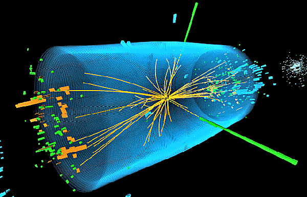 Event recorded with the CMS detector in 2012 at a proton-proton centre of mass energy of 8 TeV. The event shows what may be a two-photon Higgs boson decay (photons in green) (Image: CERN)