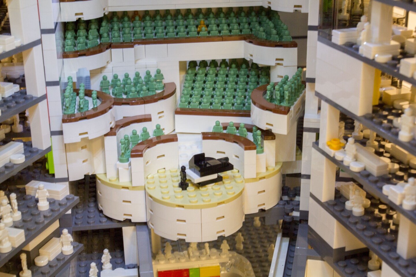 The front of the Lego Elbphilharmonie opens up to reveal an interior and concert hall