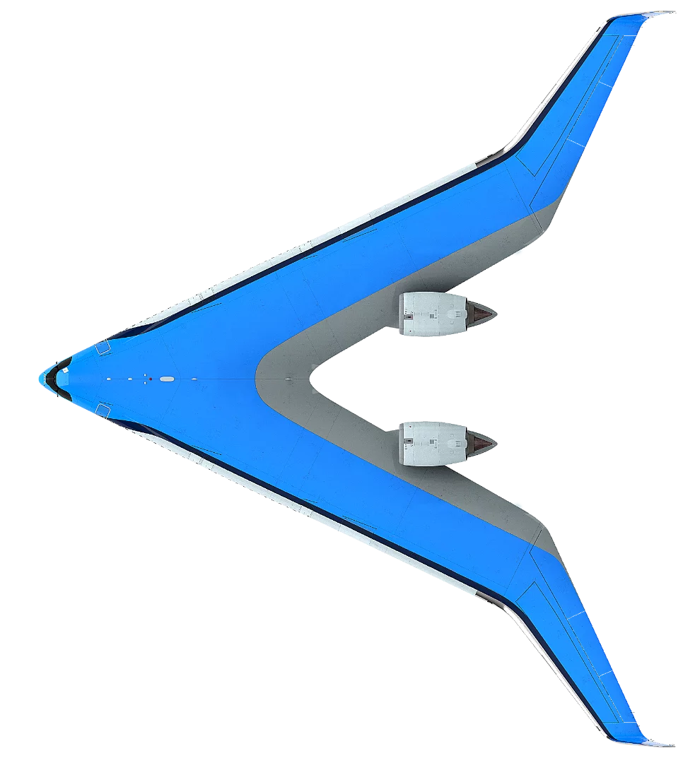 The V-shaped design integrates the cabin, cargo hold and fuel tanks into each wing structure, with a wingspan that matches an Airbus A350