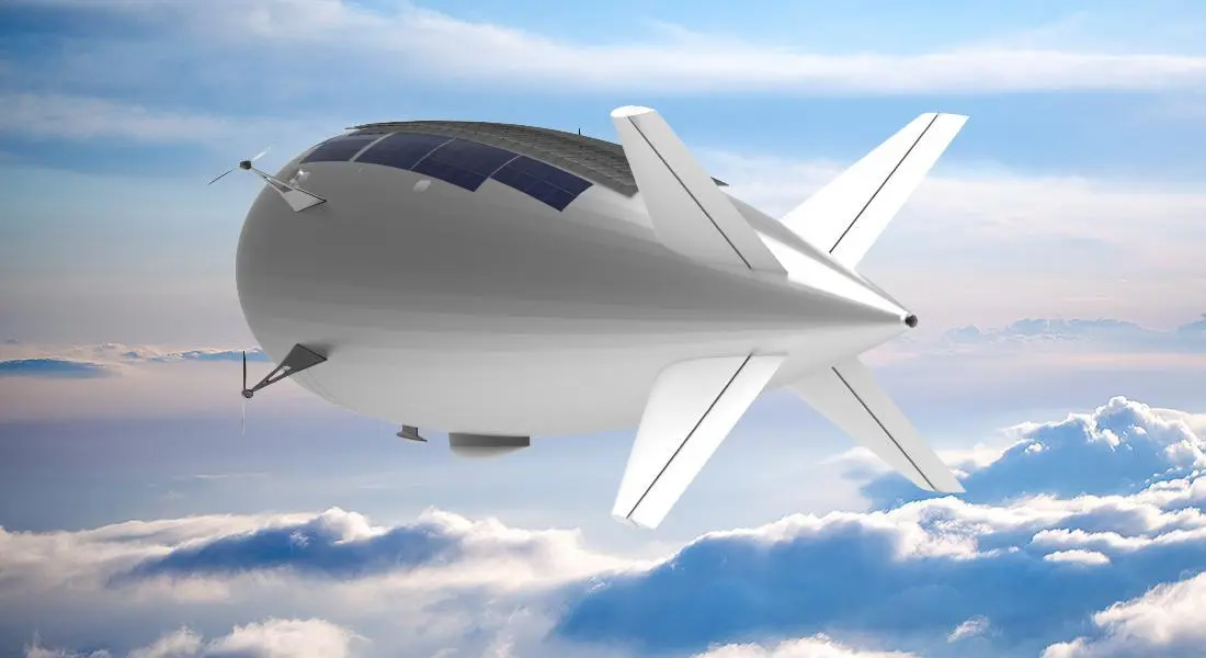 Thales Alenia Space’s Stratobus is topped with solar panels, powering its propellers to fly against the wind at 20 km for prolonged periods of service