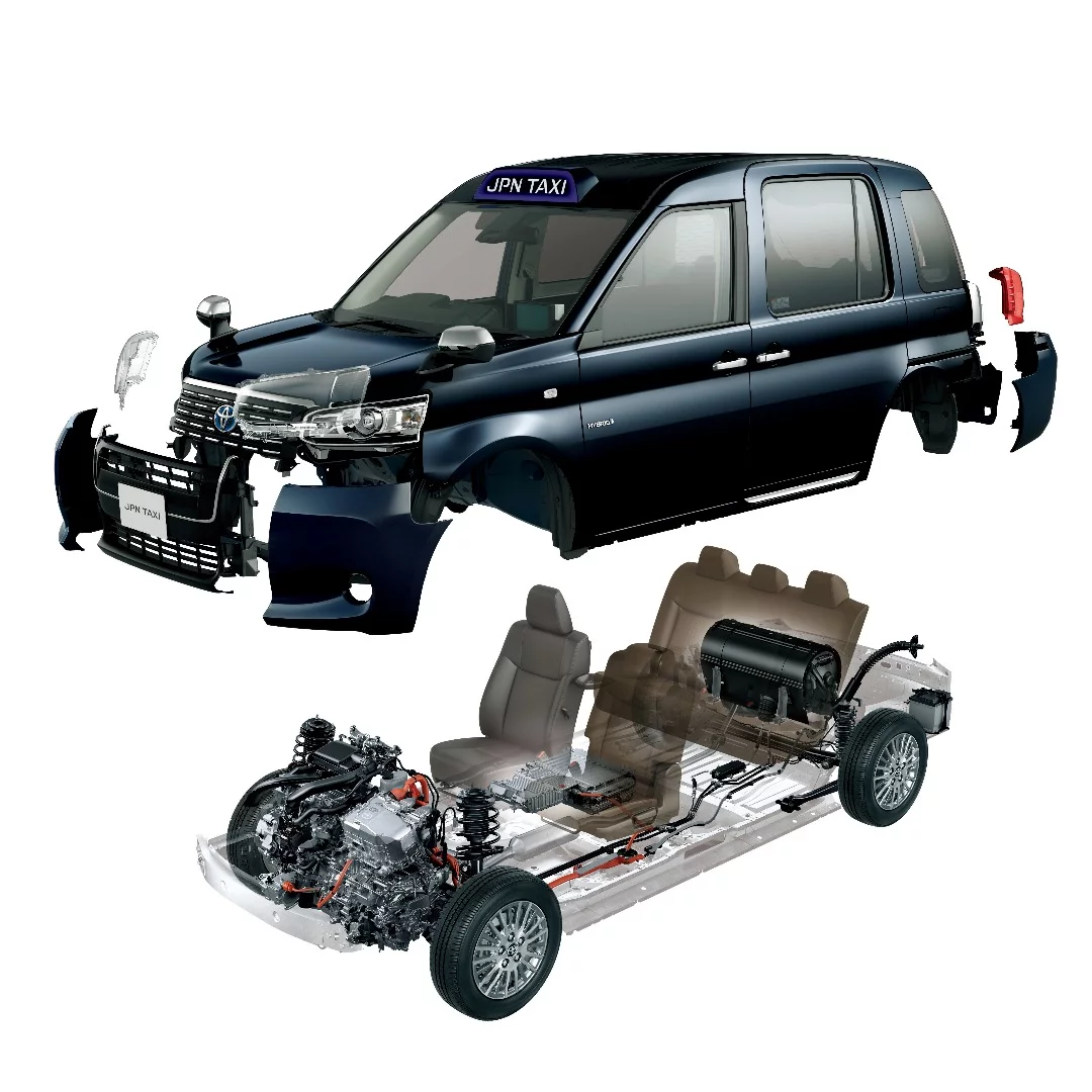 The 2018 Toyota JPN Taxi has liquefied natural gas tanks behind the rear seats and an LPG-burning engine and hybrid powertrain up front