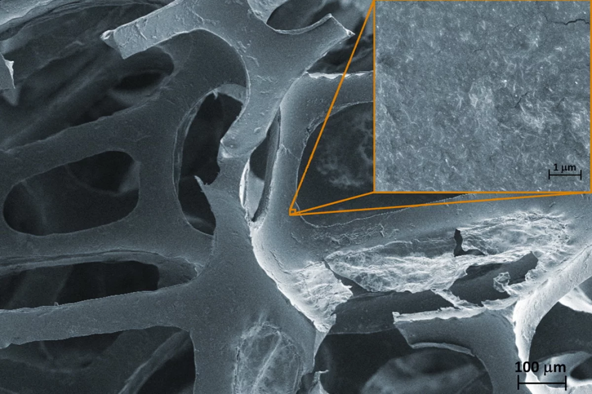 The carbon nanotube coating (inset), applied to polyurethane foam (Image: Kim/NIST)