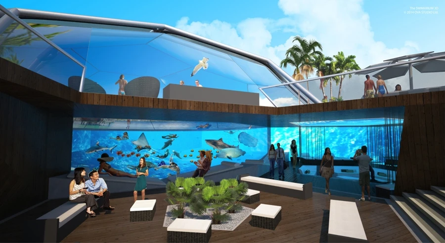 A sunken area would look into the pool meaning users would not have to be in the pool to experience the environment