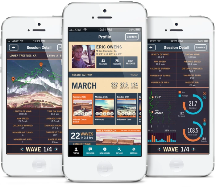 The surf app calculates metrics like wave length and speed
