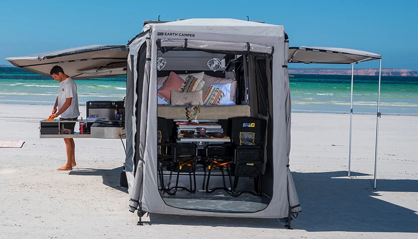 The rear hard-floor tent is designed to serve as a dining area