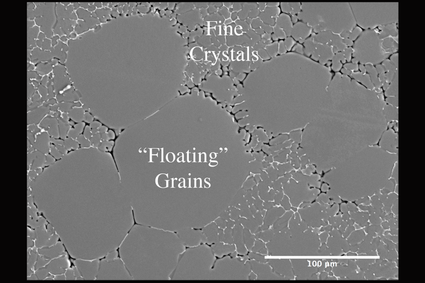A scanning electron microscope image shows large-grain structures contrasting with finer-grain structures in a sample taken during a direct-chill aluminum alloy casting