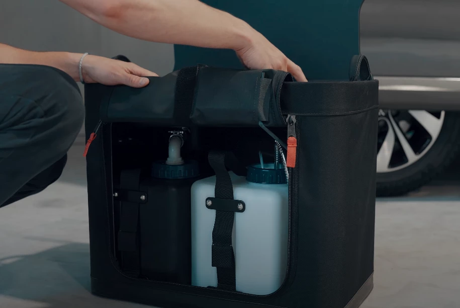 The sink module's gray and fresh water tanks are located down below, quickly accessible from the top or front