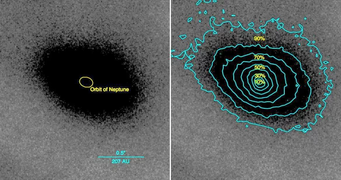 A MagAO image of a gas and dust disk silhouetted against the Orion nebula. On the left is the simple silhouette, while on the right it is overtraced with the optical transmission of the disk (Photo: Kate Follette, University of Arizona)