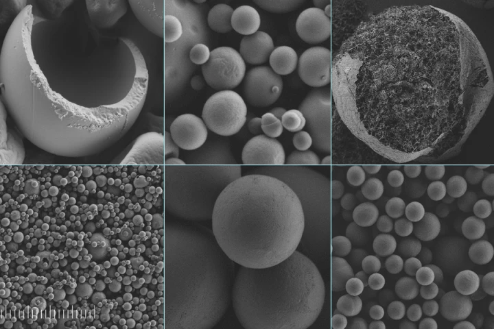 Scanning electron microscope images of silk microcapsules containing vitamin C, at different scales and made using different manufacturing processes