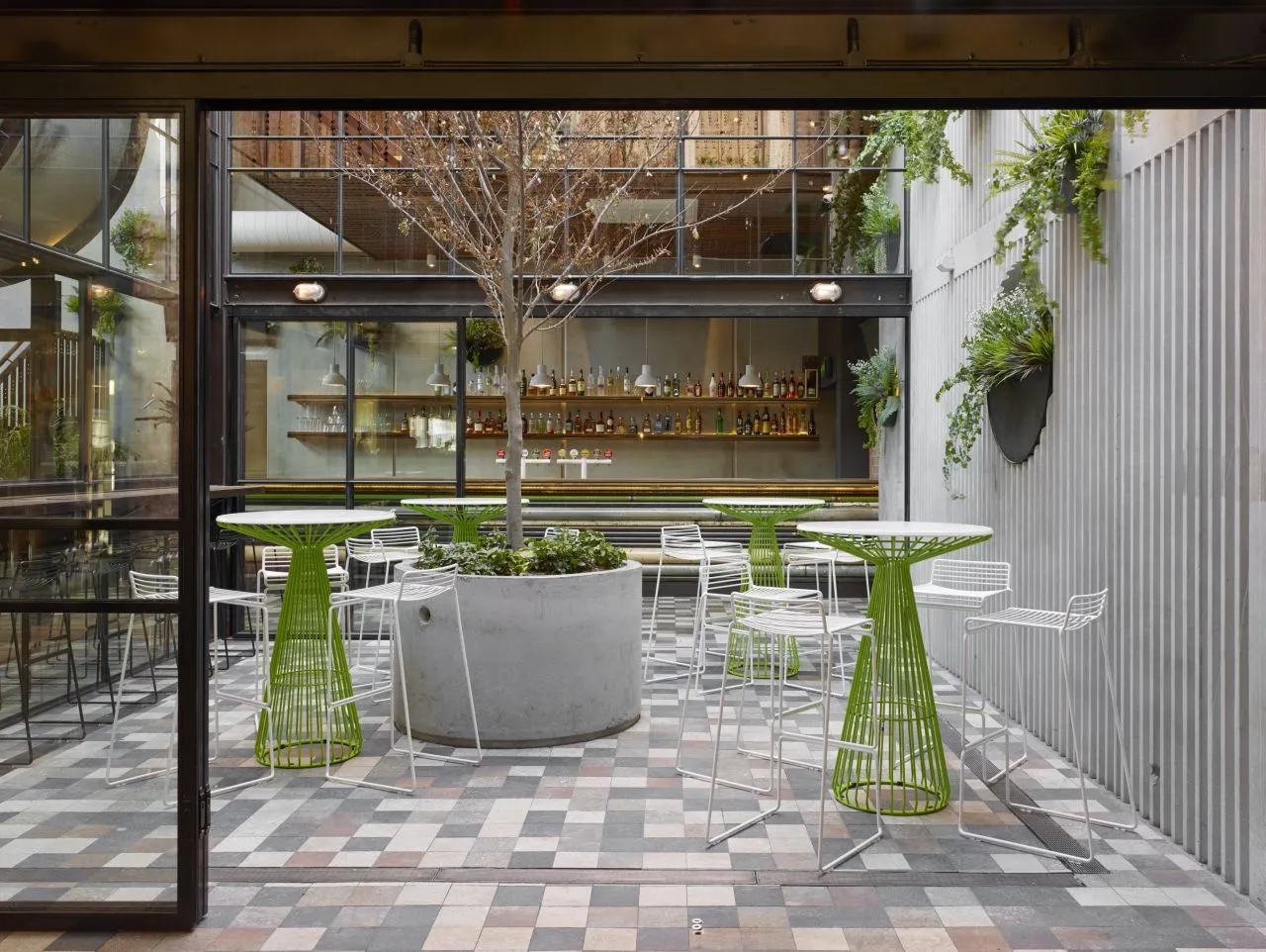 The interior courtyard boasts a concrete slab wall freckled with hanging plants