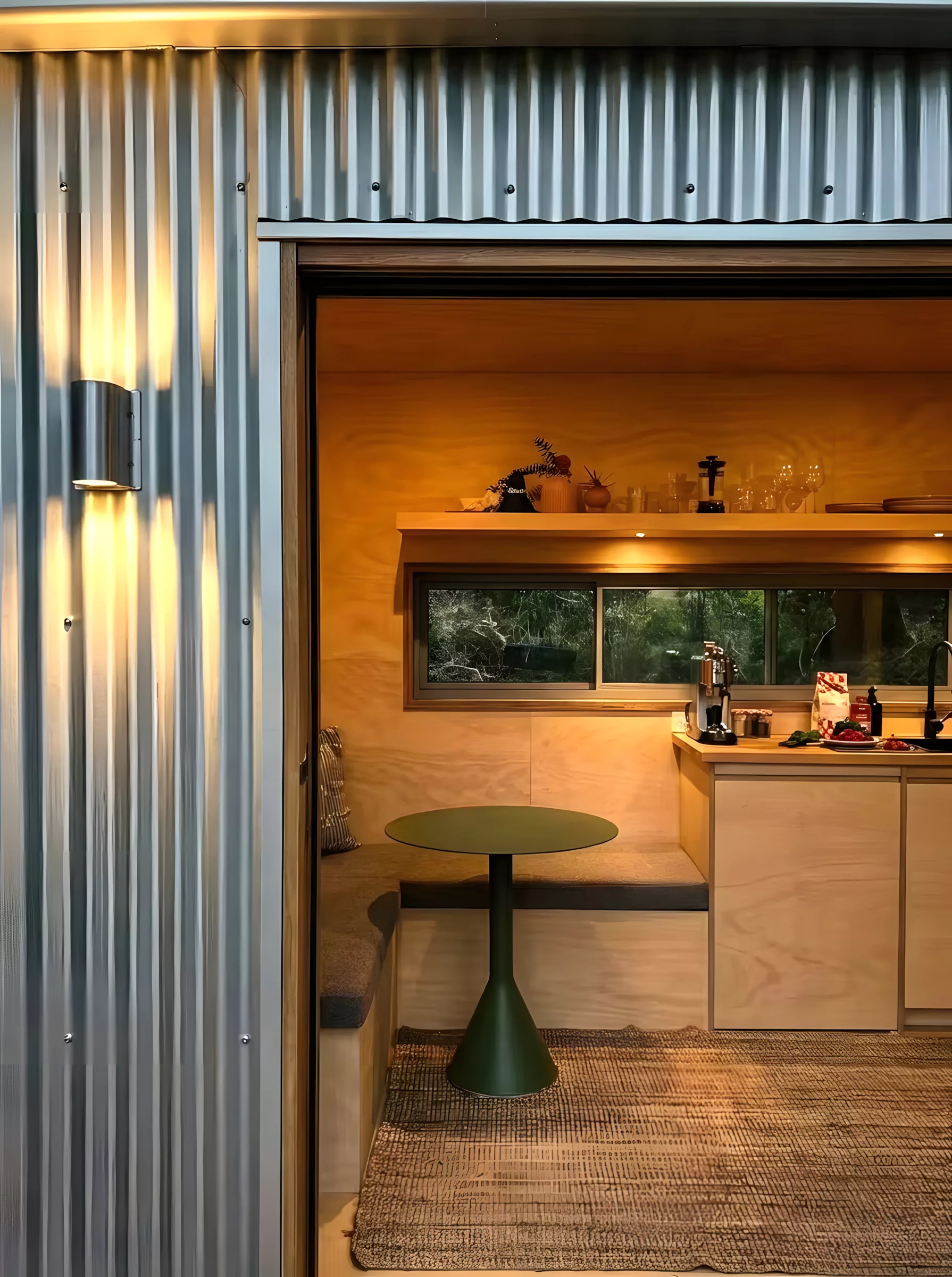 The Zinc Studio Cabin opens up to the outdoors with large tri-fold glass doors