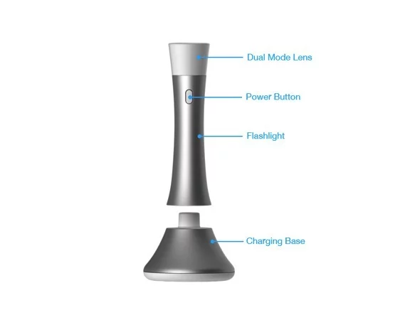The Trioh! comprises the flashlight itself and an intelligent mains-powered charging base