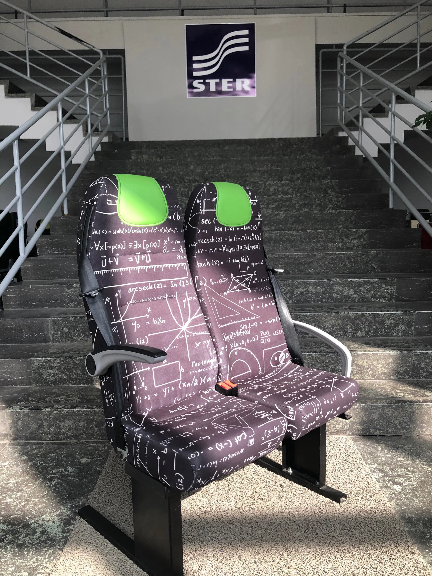 The custom-designed seats include a math and science scheme and protective coating