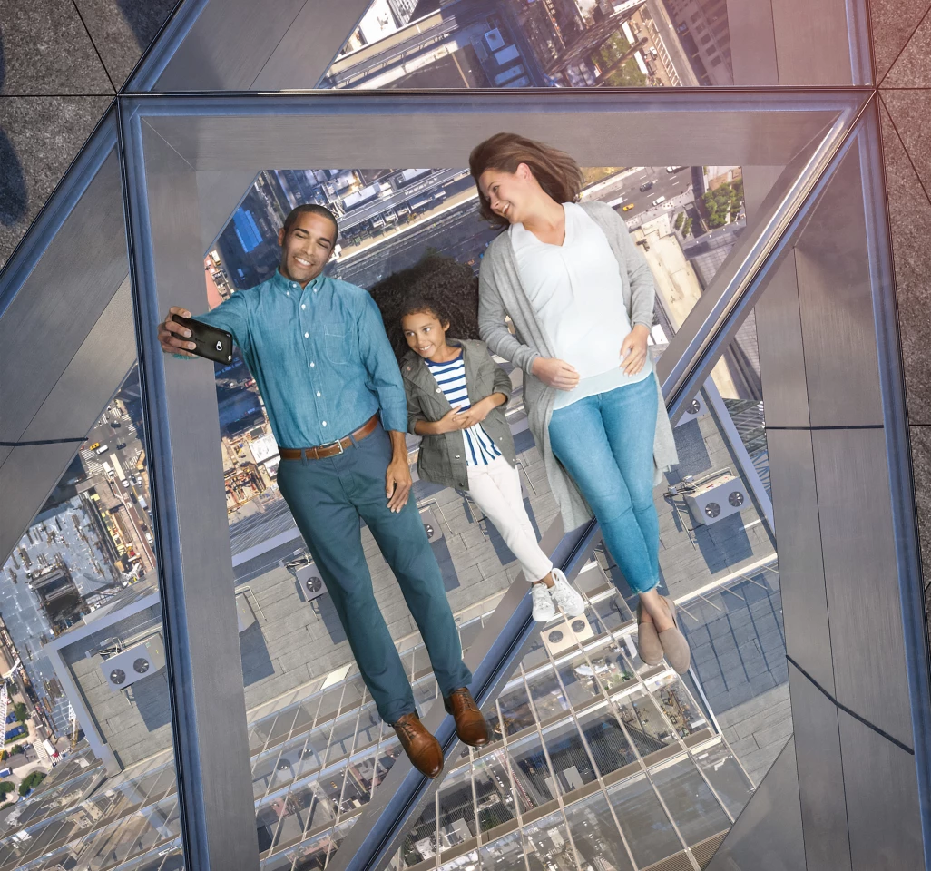 The center of the Edge observation deck features a glazed floor area