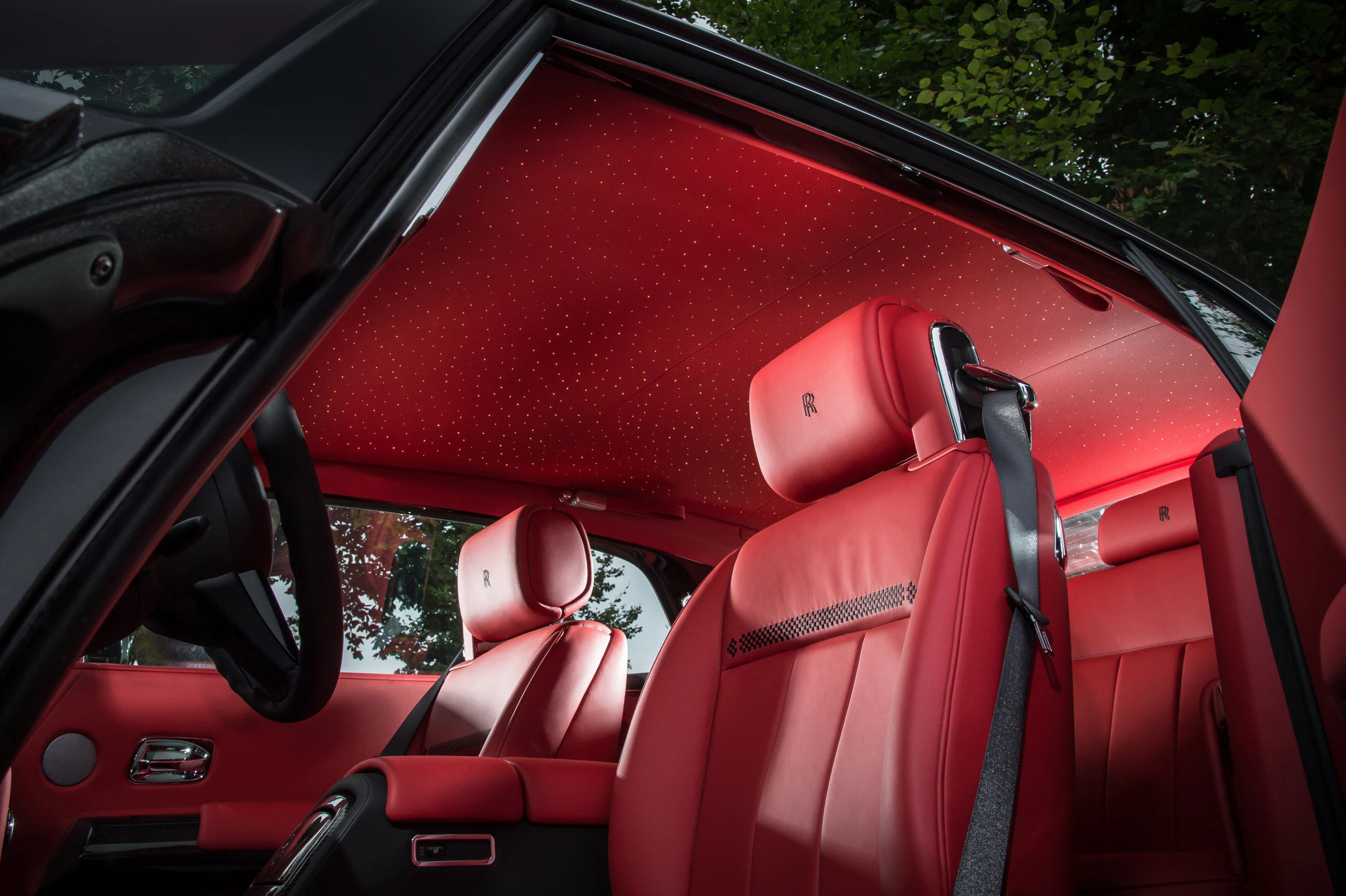 The leather seats have checkered flag stitching