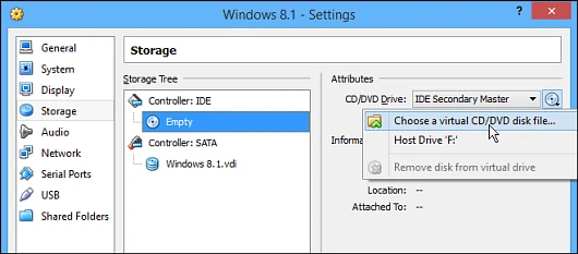 You'll need to select the Windows 8.1 ISO file as the virtual DVD to start the installation