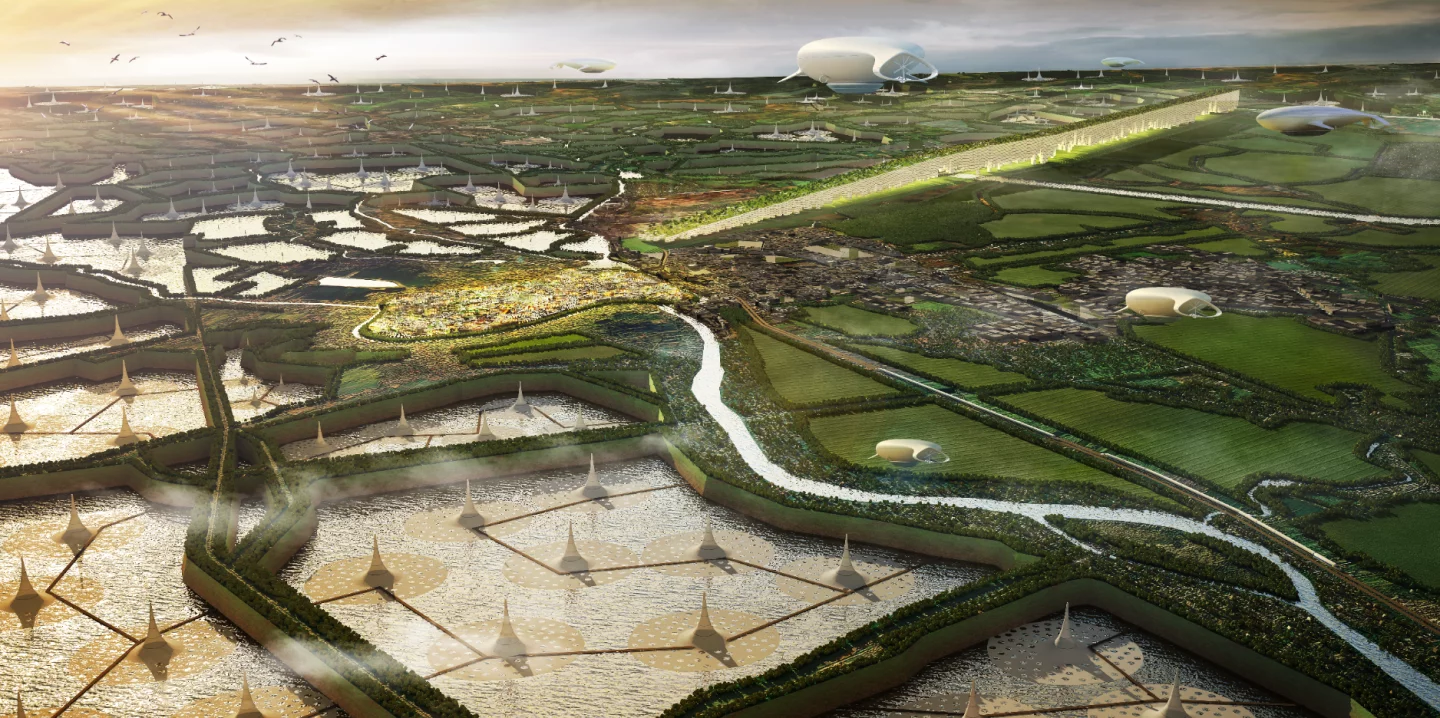 The scheme blurs the distinction between the industrial and the agricultural (and to a point, the urban and the rural), envisaging as it does a patchwork of rice fields, water storage infrastructure and settlements