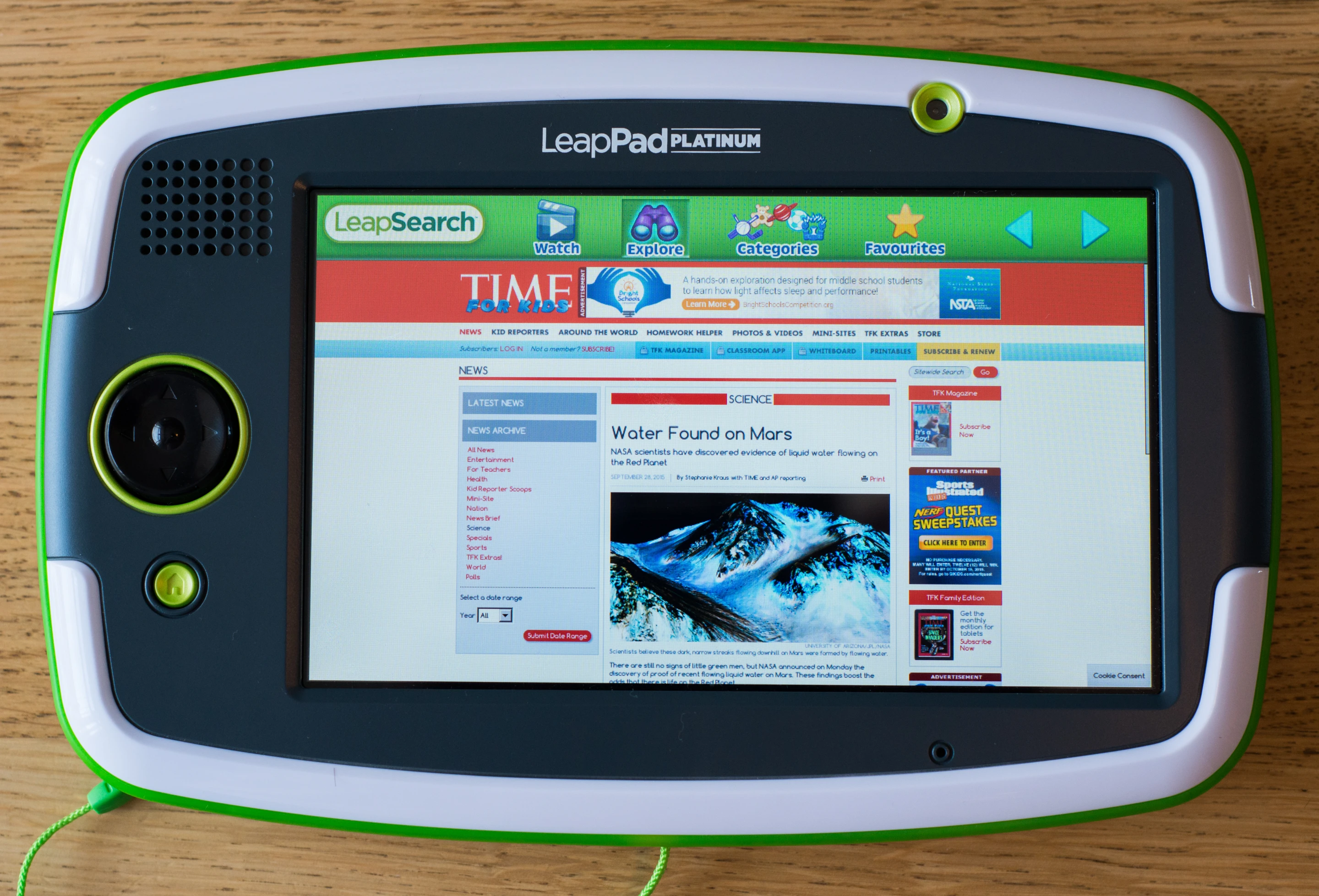 The LeapSearch kid-safe internet browser on the LeapFrog LeapPad Platinum lets kids watch videos, research popular topics, and even check the news headlines
