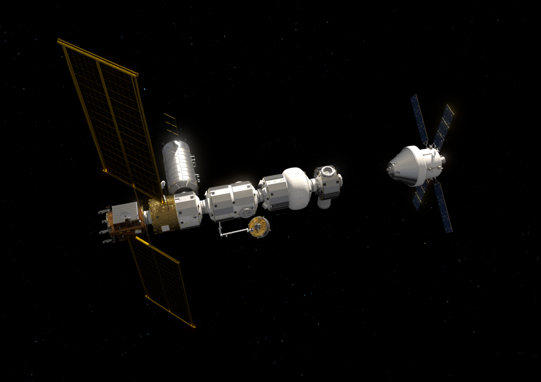 Artist'c concept of Orion docking with Gateway