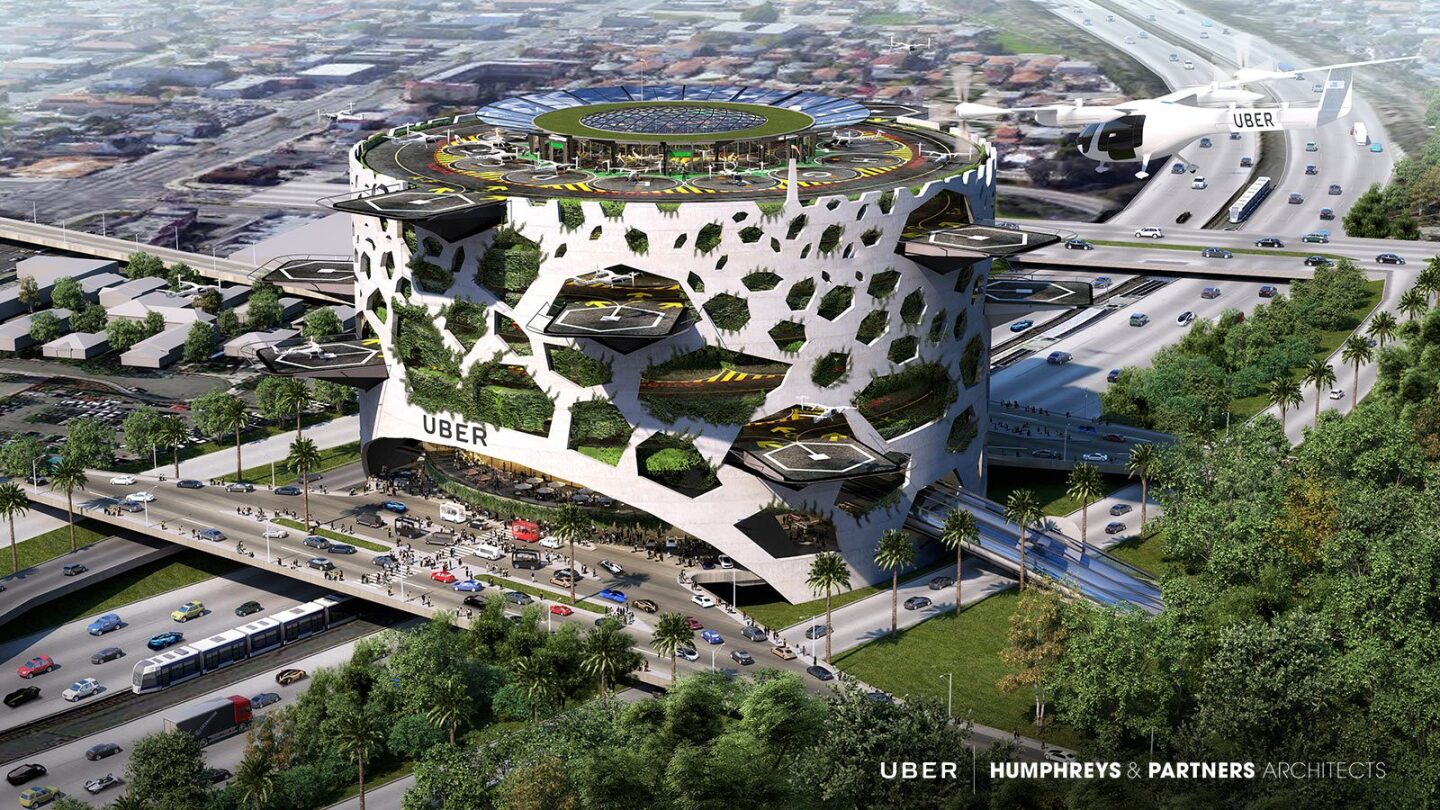 The beehive-inspired Mega Skyport by Dallas-based architecture firm Humphreys & Partners Architects would be a mixed-use development containing offices and retail spaces