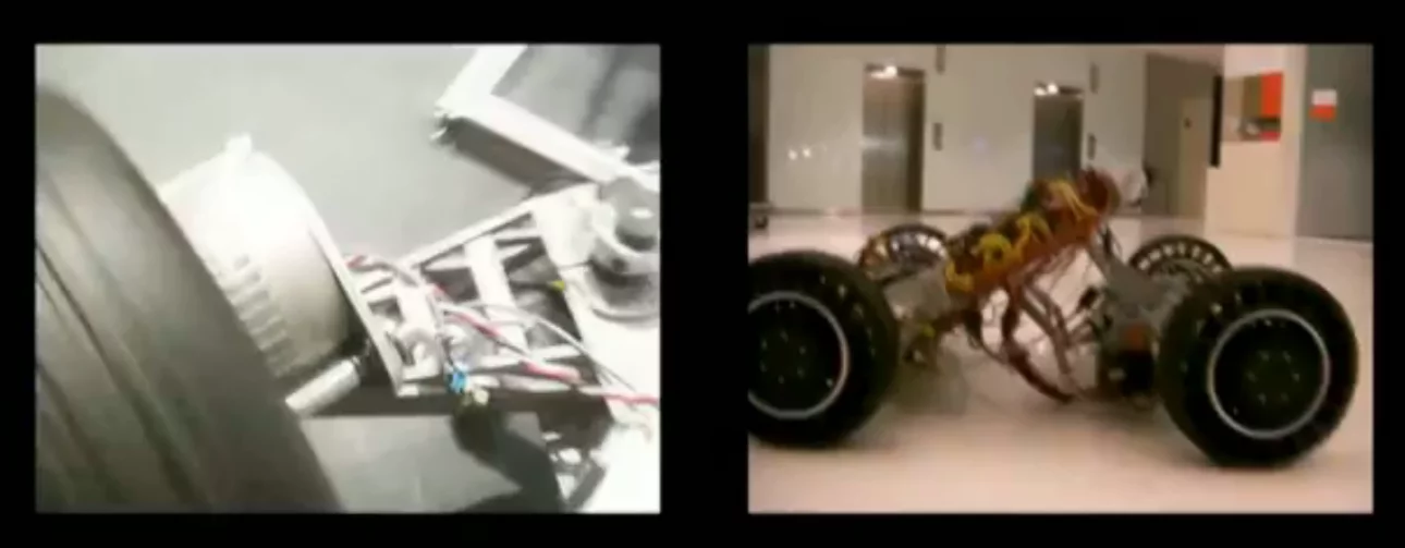 Each wheel integrates a motor, steering actuators, suspension and braking