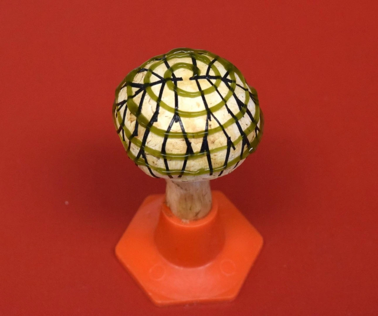 An electrode network (branched pattern) and cyanobacteria (spiral pattern) were 3D-printed onto the mushroom