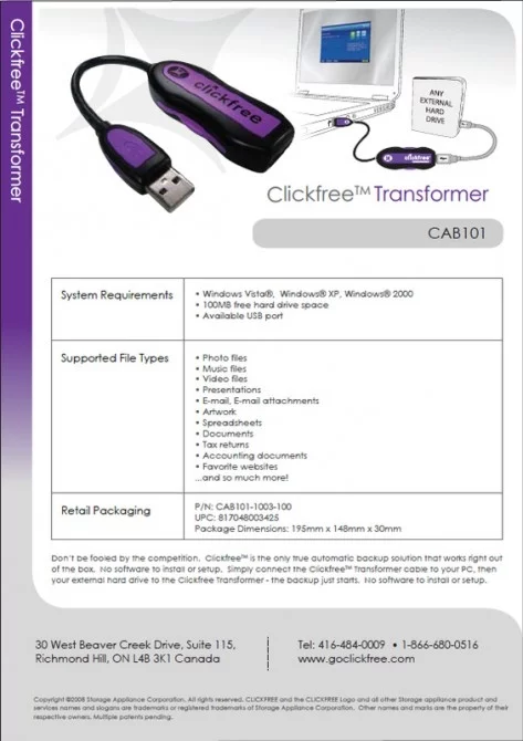 Clickfree's Transformer cable