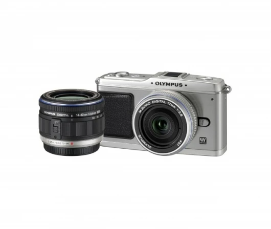 The Olympus E-P1 shown with available Micro Four Thirds lens 14-42mm f/3.5-5.6 zoom (left) and 17mm f/2.8 prime (installed)