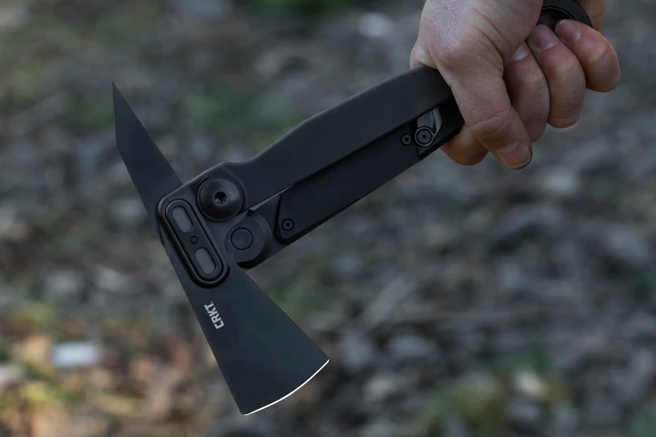 The all-new Provoke X axe from CRKT stores and carries neatly, then flips open with a flick of the wrist