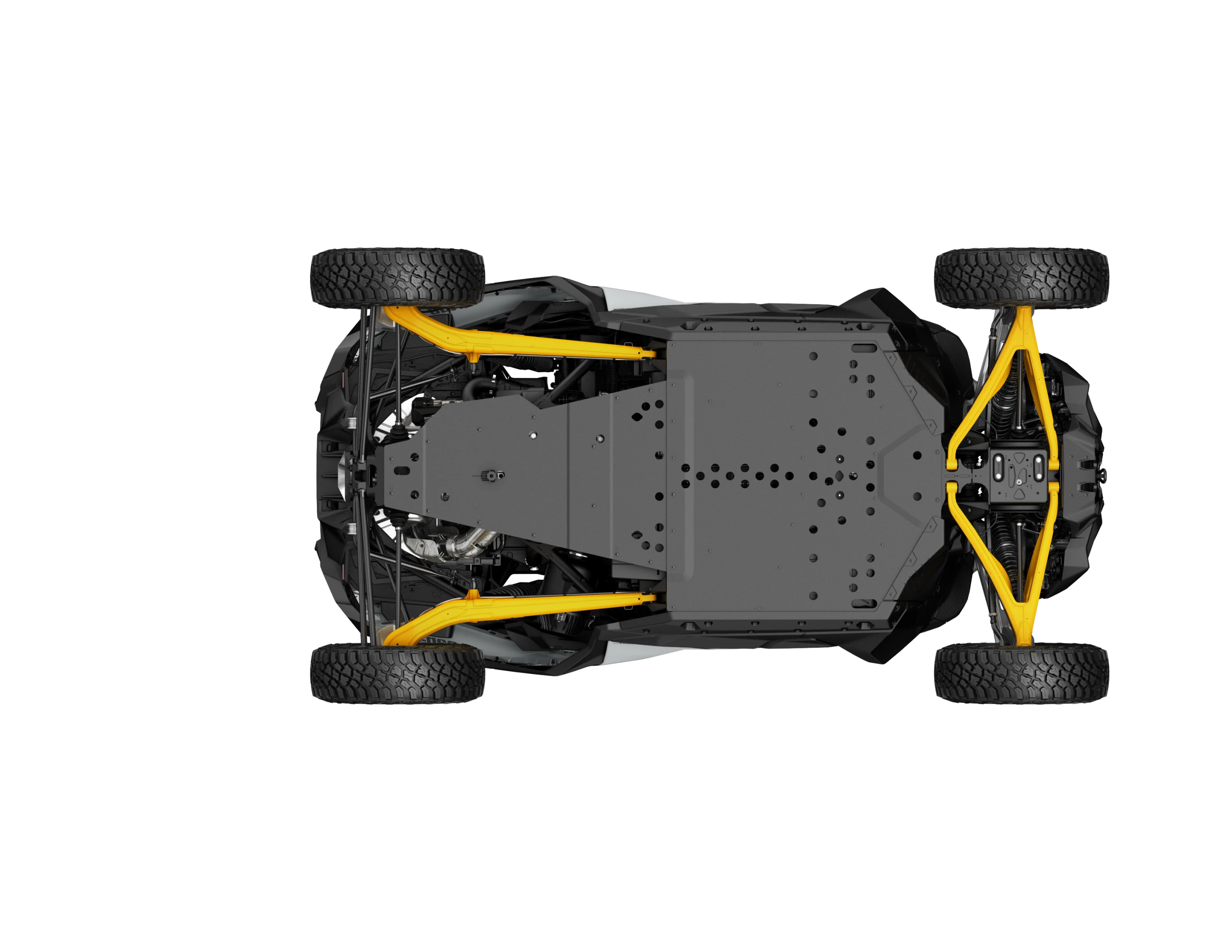 Covered in protective plating, the underside of the Can-Am Maverick R showcases the