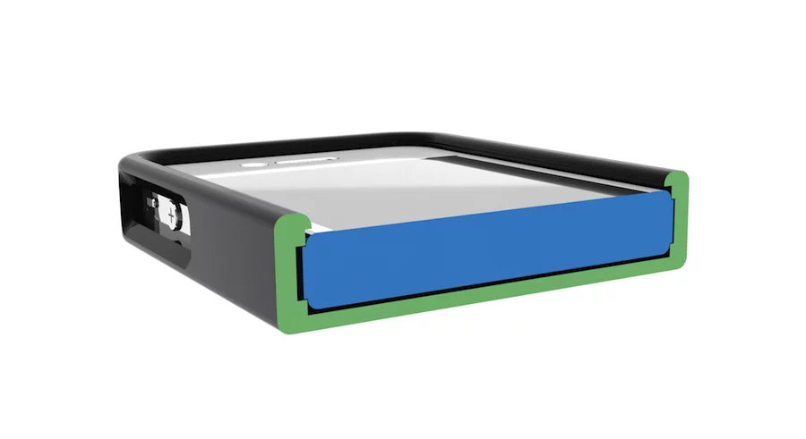 The design incorporates a stainless steel band that stops it interfering with the glass screen