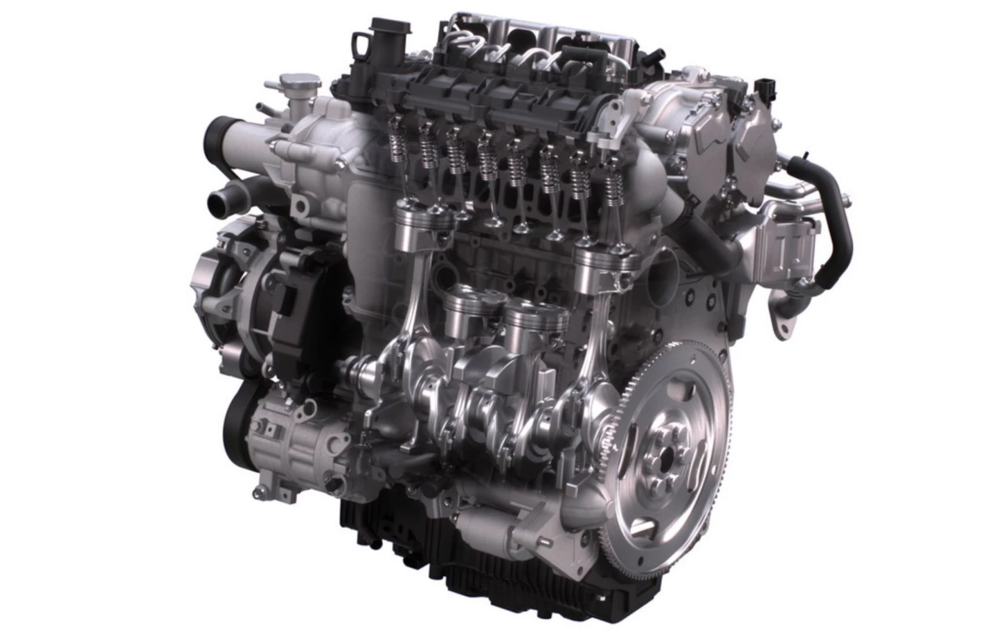 Cutaway of the Skyactiv-X engine showing the dual ports and valves in the inline-four design