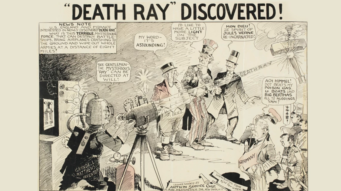 Artwork from a 1924 newspaper cartoon illustrating the media hype around the "death ray", a weapon system claimed to have been invented by Harry Grindell Matthews and others (inc. Guglielmo Marconi and Nikola Tesla).