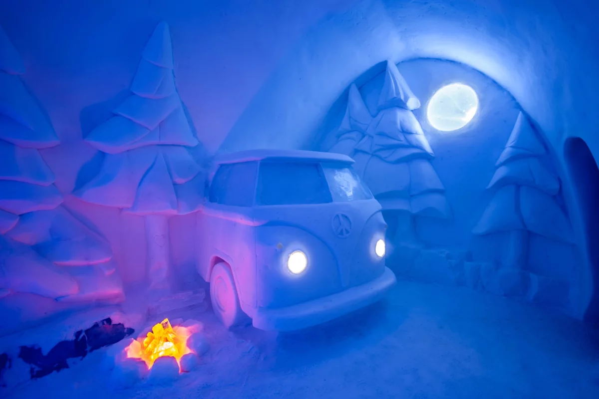 Spruce Woods, by Jennie O'Keefe and Christopher Pancoe, depicts a classic VW microbus, and is one of the amazing handmade sculptures at this year's Icehotel