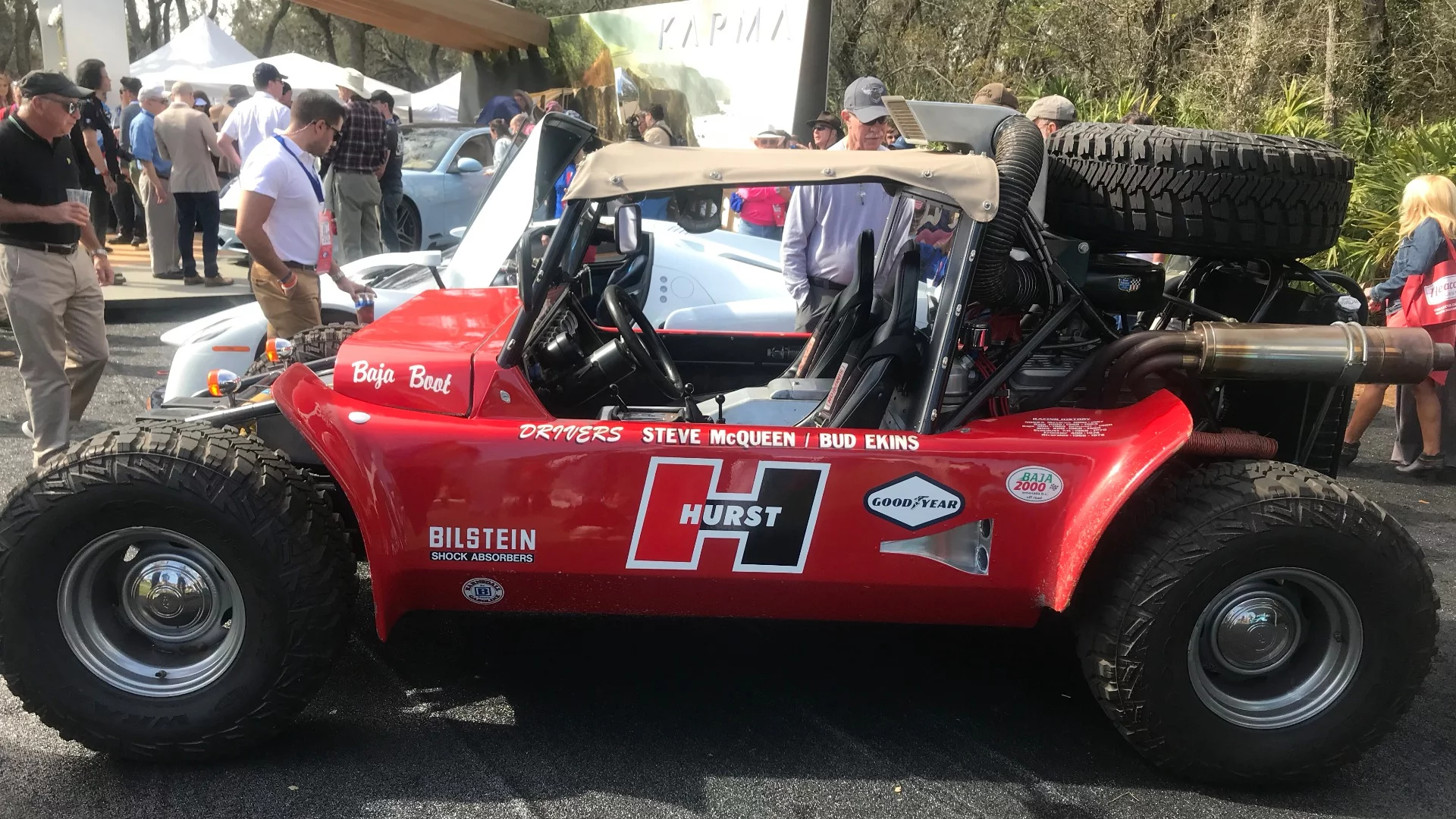 History in the flesh. This car was built for the 1967 National Off-Road Racing Association's 849-mile race dubbed the Mexican 1000. The race would go down in history as the first Baja 1000. Built by Vic Hickey with help from GM, this purpose-built racing buggy used a 450-hp 350 cubic-inch V8 and GM Hydra-Matic auto, 4-wheel discs, front and rear independent Torsion Bar Suspension and only got around 25 percent of the distance. Then actor/racer Steve McQueen and Bud Ekins bought it and raced it and two years later, it won. The car was purchased two years ago at Pebble Beach by film director/car aficianado James Glickenhaus (Scuderia Cameron Glickenhaus) who made it street legal. Nice wheels, Mr Glickenhaus!!!