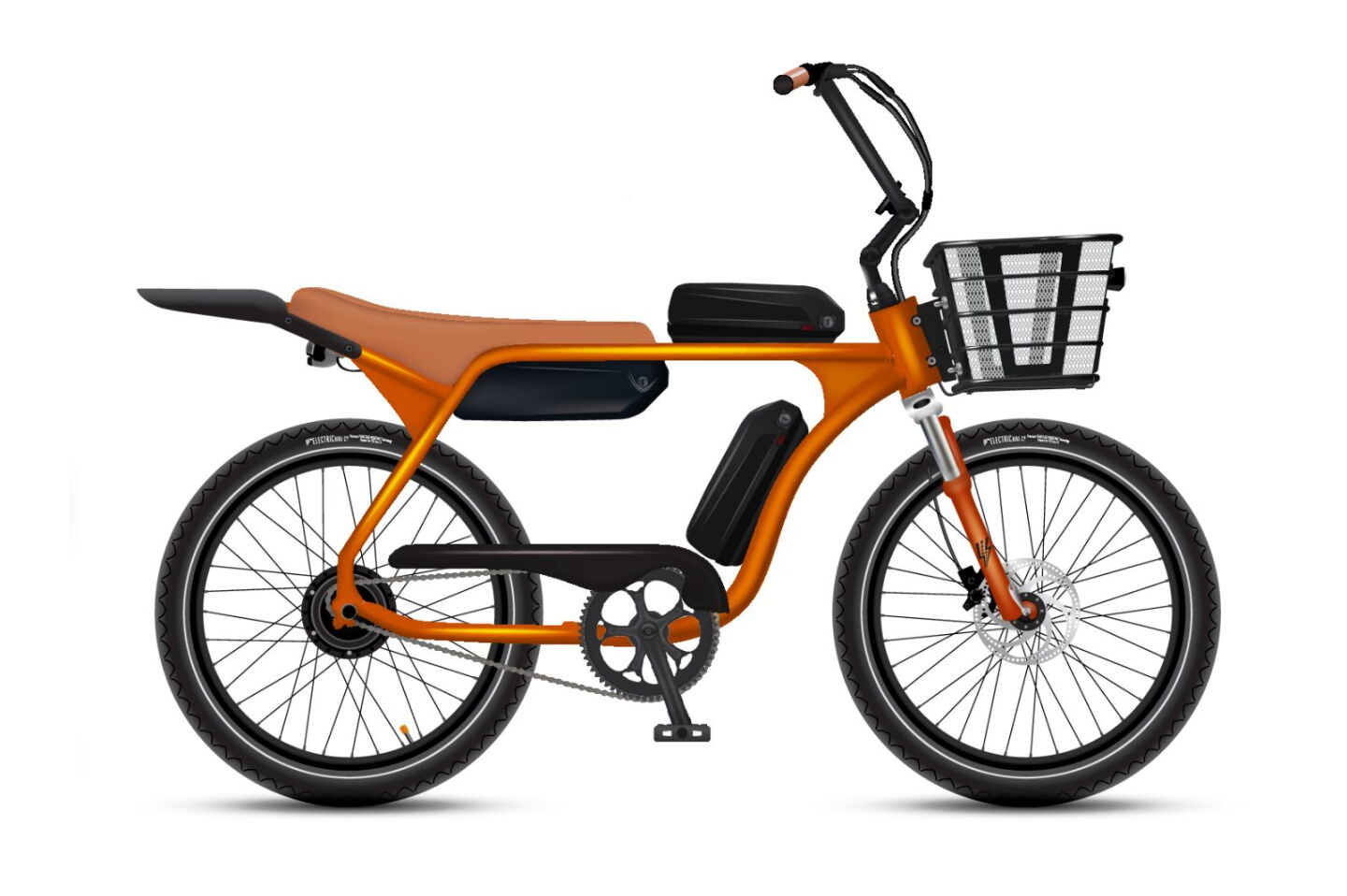 The Model J has the option of a cargo rack and basket instead of a BMX, suspension forks, chopper-style handlebars, as well as three batteries for pedal assistance for about 200 miles.
