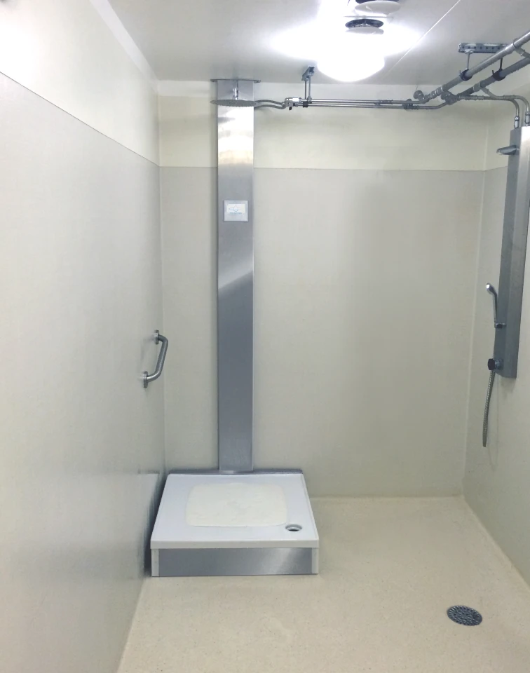 To recycle the water coming out of it, a sophisticated filtering system and pump is fitted directly beneath the shower drain in the floor